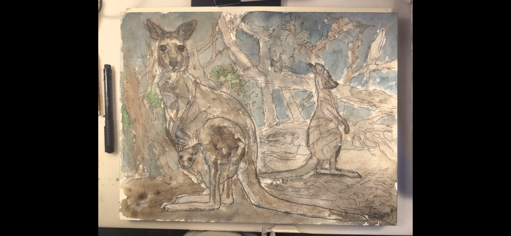 "A Kangaroo Family and the Wildfires" - an original mixed-media painting