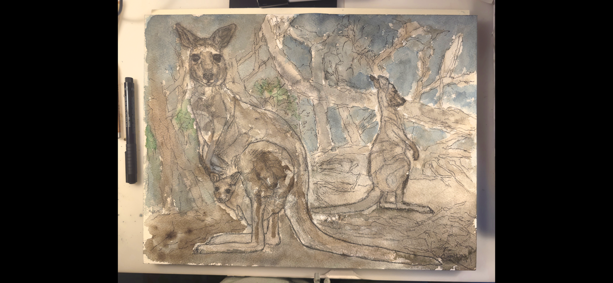 "A Kangaroo Family and the Wildfires" - an original mixed-media painting