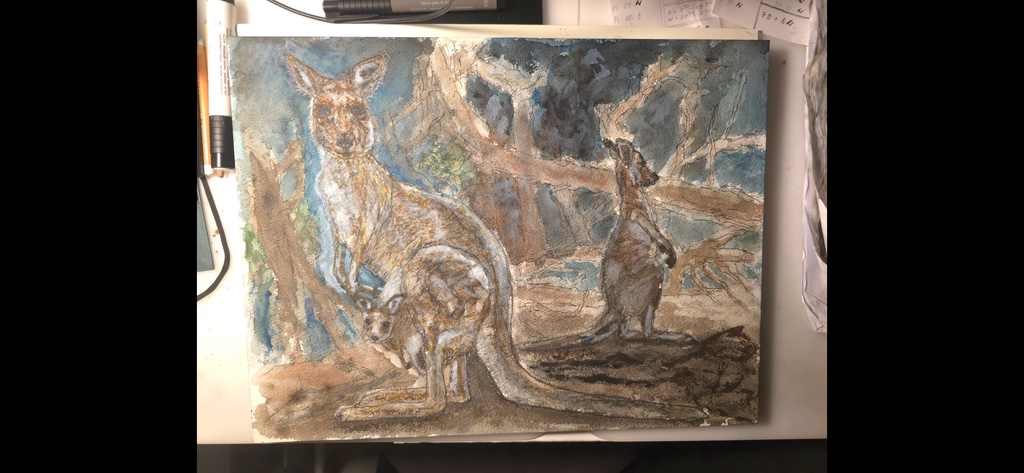 "A Kangaroo Family and the Wildfires" - an original mixed-media painting