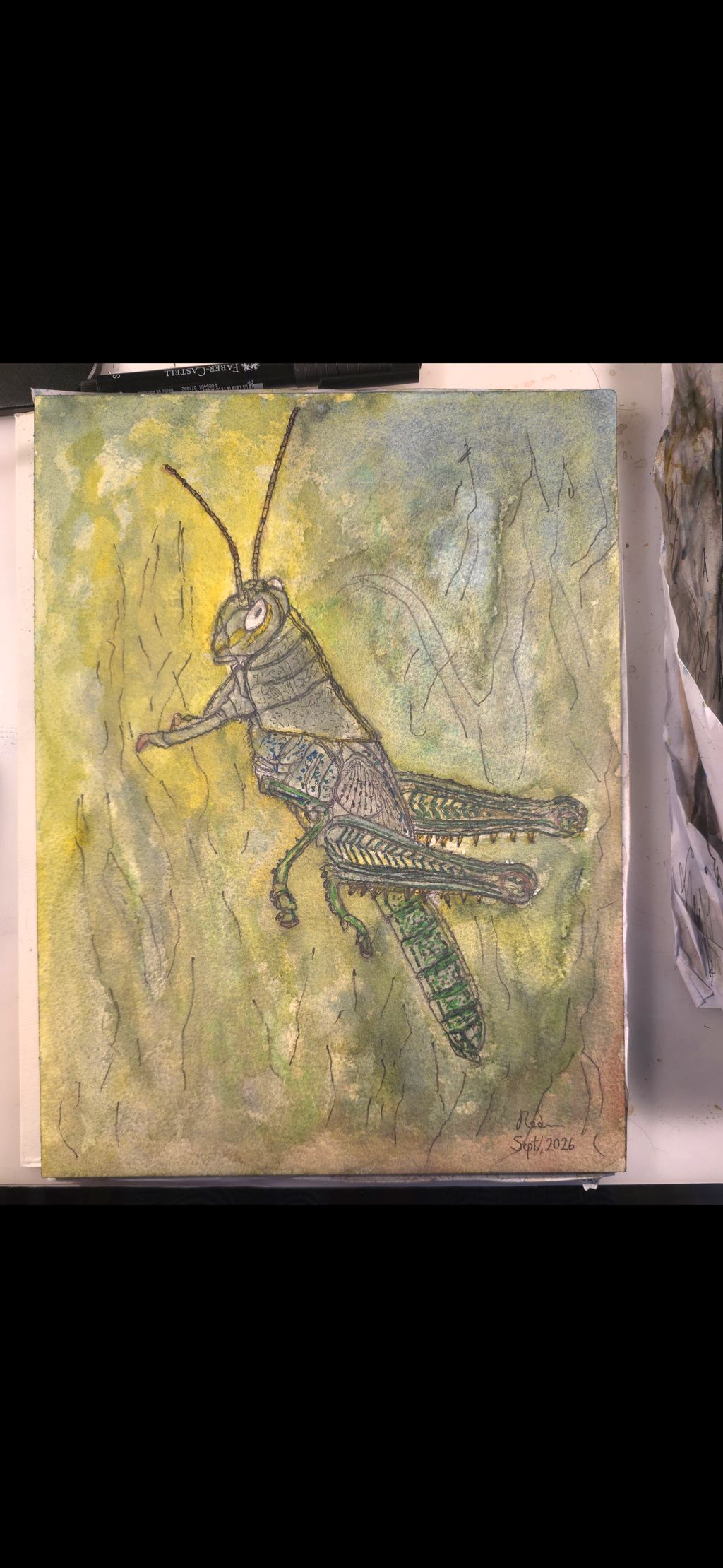 "A Grasshopper" - original mixed-media painting