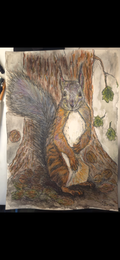 "A Hungry Squirrel by the Tree" - an original mixed-media painting