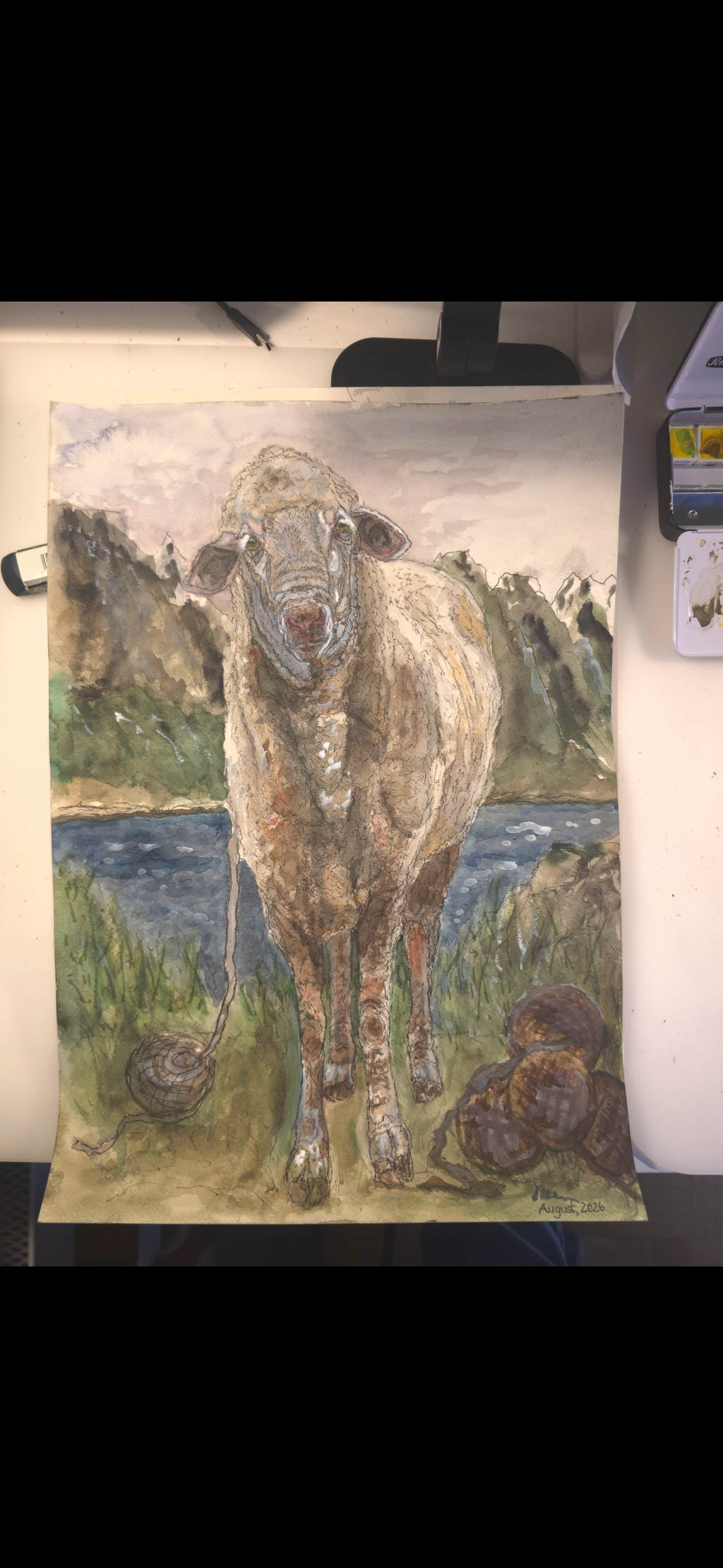 "A Sheep and the Sea" - an original mixed-media painting