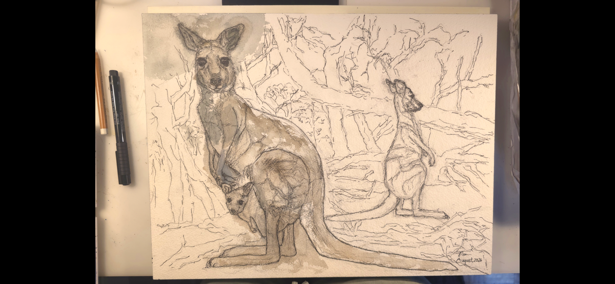 "A Kangaroo Family and the Wildfires" - an original mixed-media painting