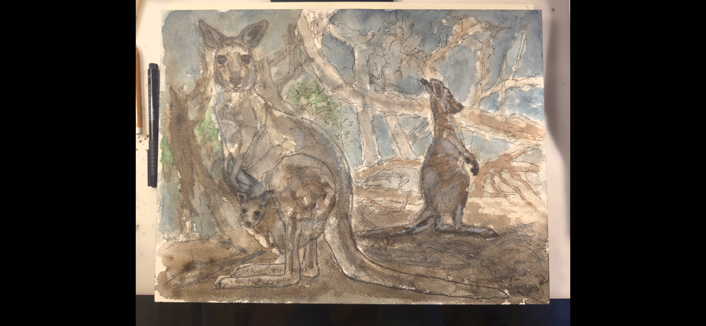 "A Kangaroo Family and the Wildfires" - an original mixed-media painting