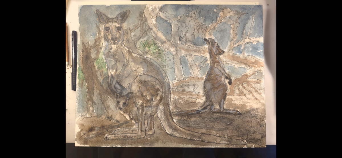 "A Kangaroo Family and the Wildfires" - an original mixed-media painting