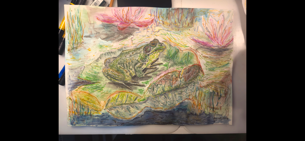 "A Frog and the Lily Pads in the Daylight" - an original mixed-media painting