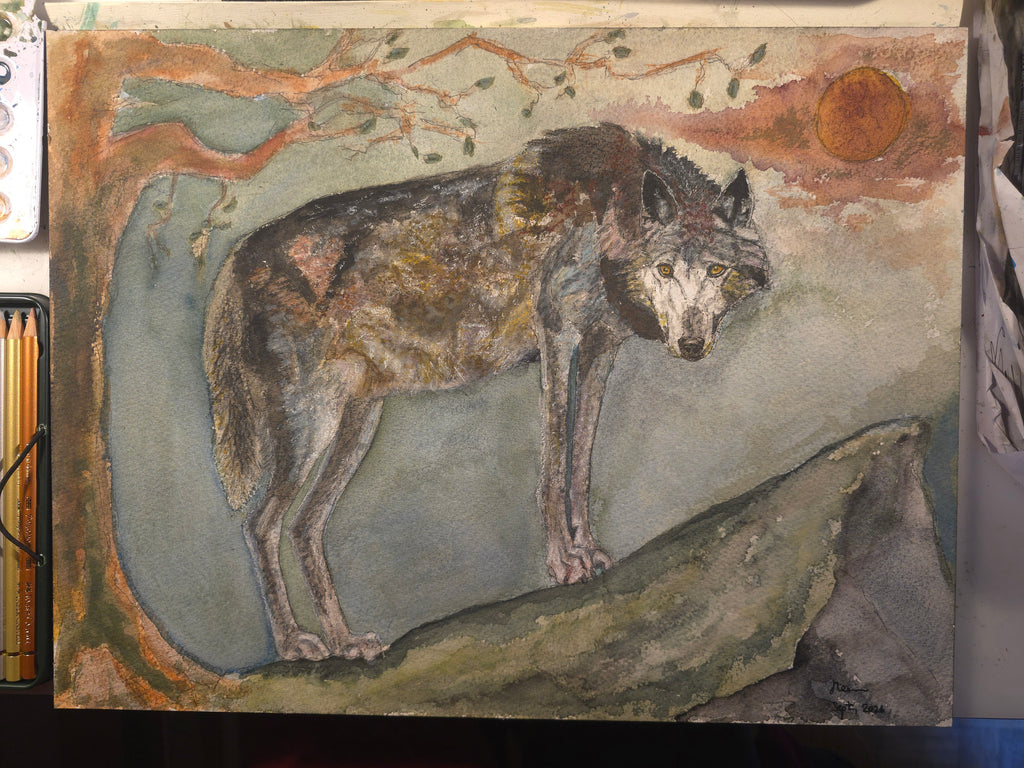 "A Lone Wolf at the Cliff" - an original mixed-media painting