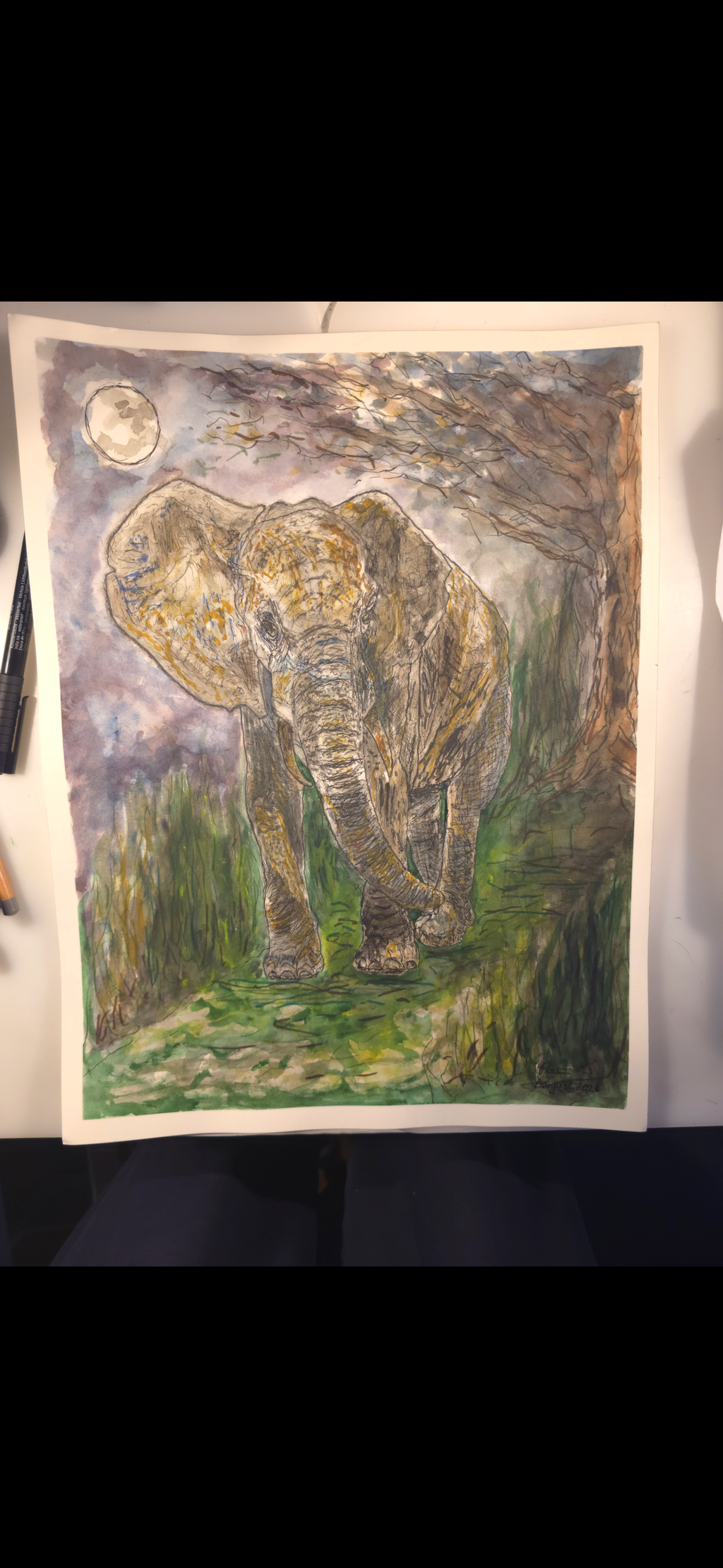 "An Elephant in the Moonlight" - an original mixed-media painting