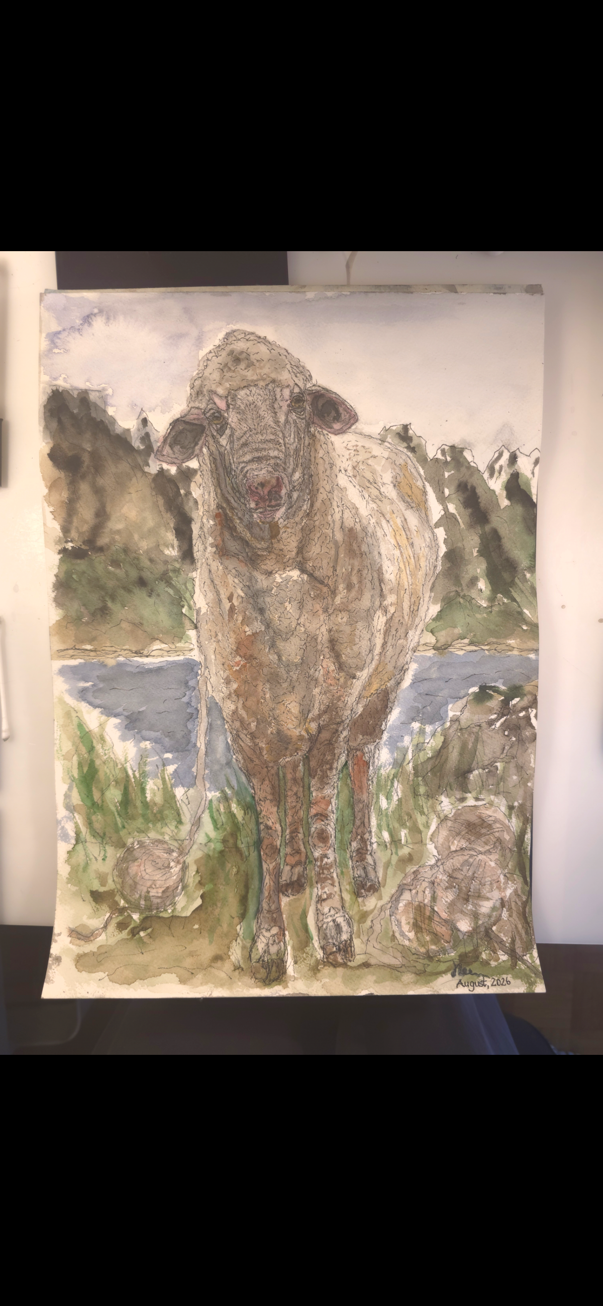 "A Sheep and the Sea" - an original mixed-media painting