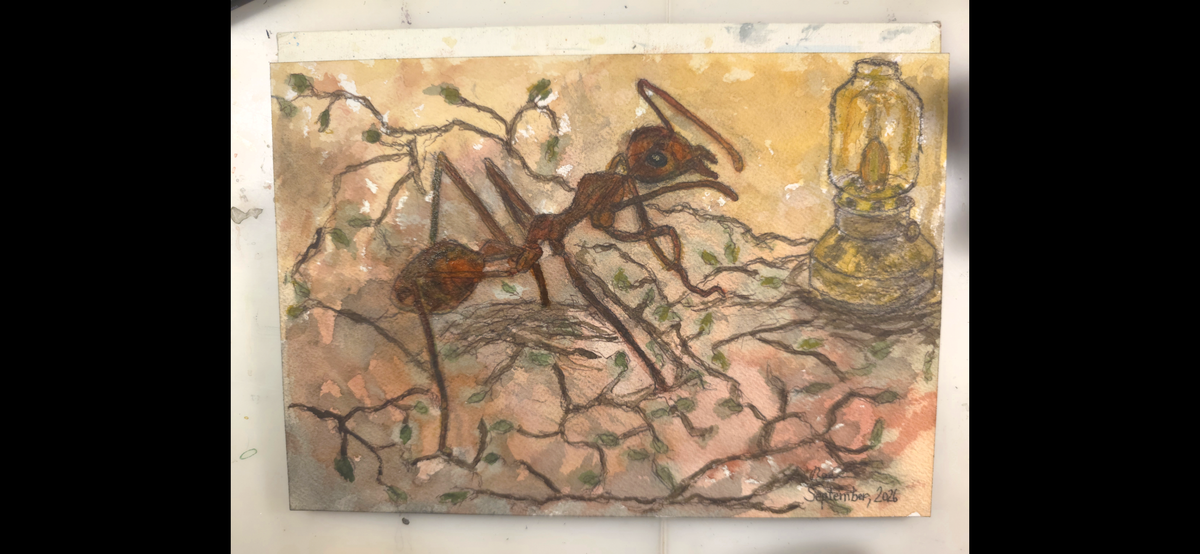 "An Ant Stumbles upon a Lamp" - an original mixed-media painting