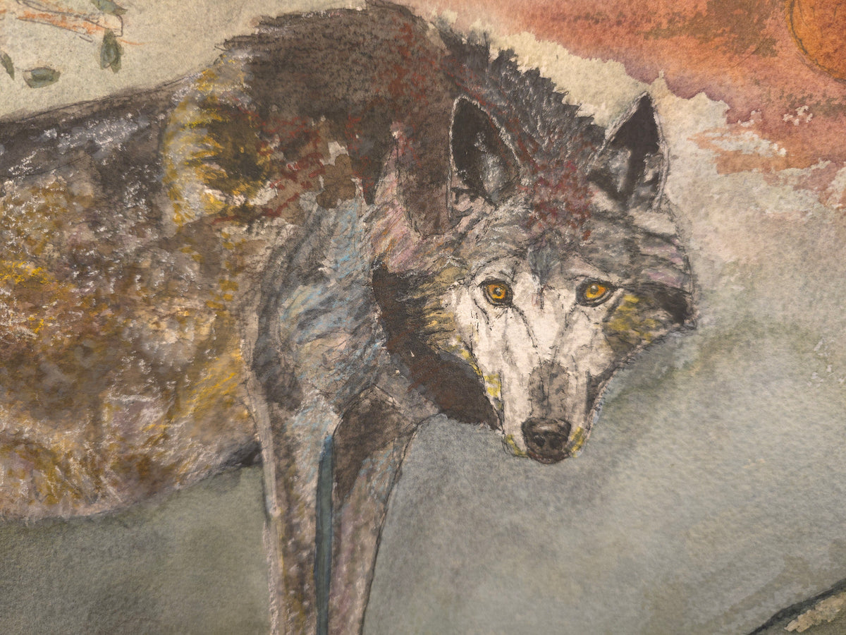 "A Lone Wolf at the Cliff" - an original mixed-media painting