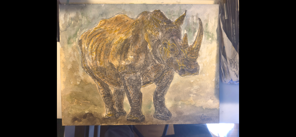 "A Rhino in a Savannah" - an original mixed-media painting