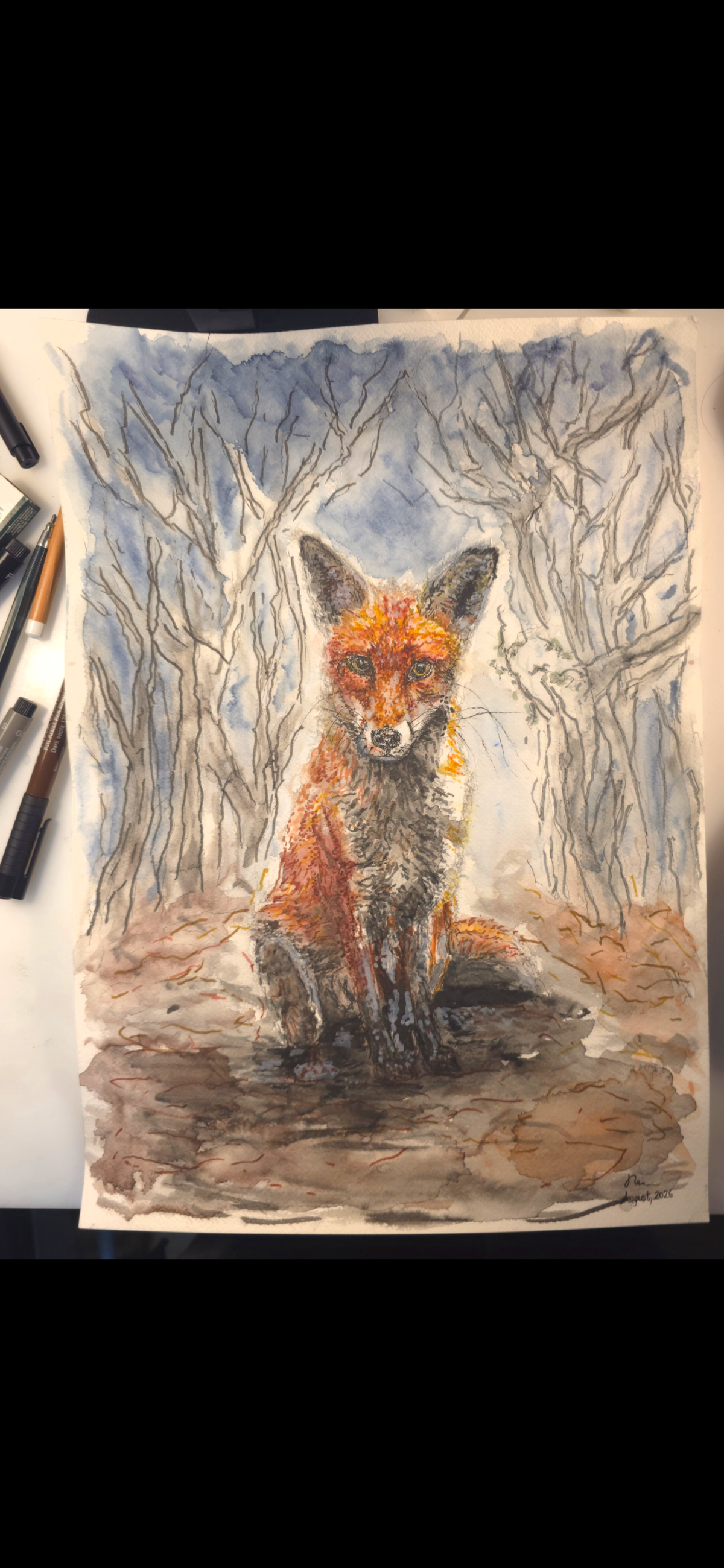 "A Fox in the Barren Night Woods" - an original mixed-media painting