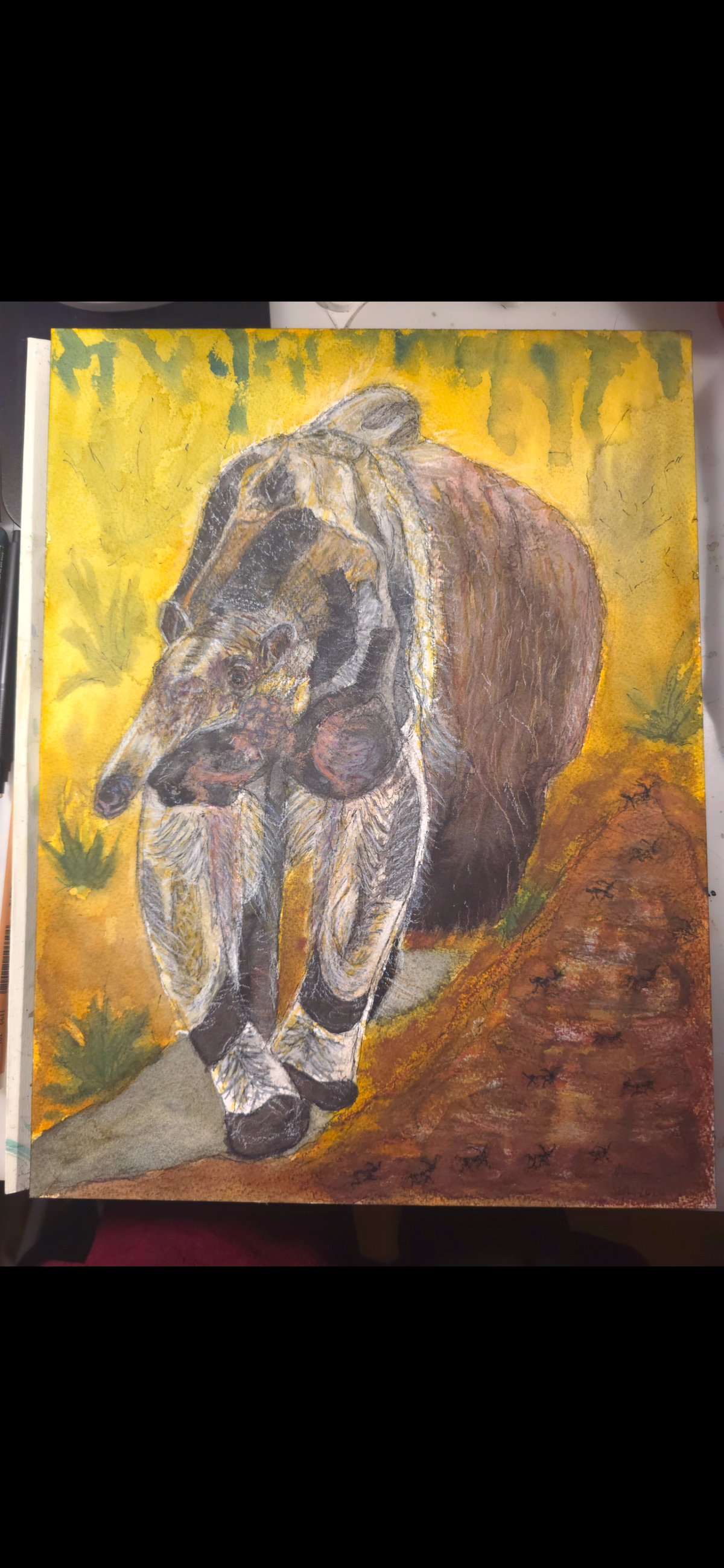 "A Giant Anteater and the Mound of Ants" - an original mixed-media painting