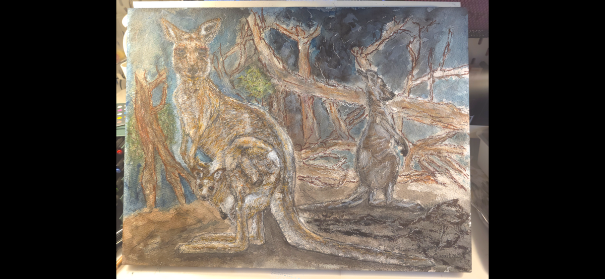 "A Kangaroo Family and the Wildfires" - an original mixed-media painting