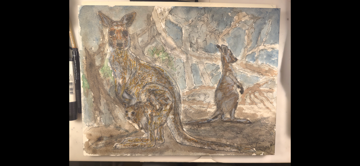 "A Kangaroo Family and the Wildfires" - an original mixed-media painting