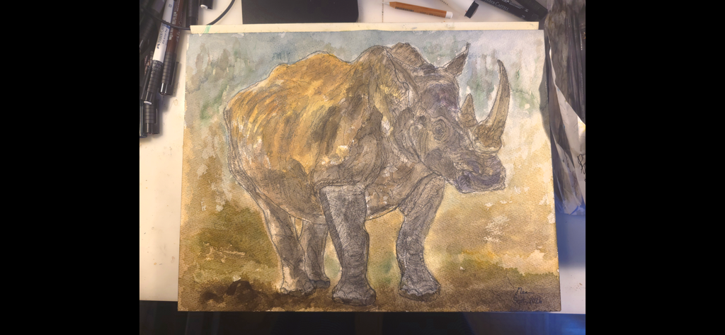 "A Rhino in a Savannah" - an original mixed-media painting