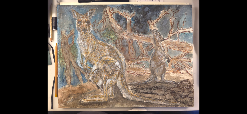 "A Kangaroo Family and the Wildfires" - an original mixed-media painting