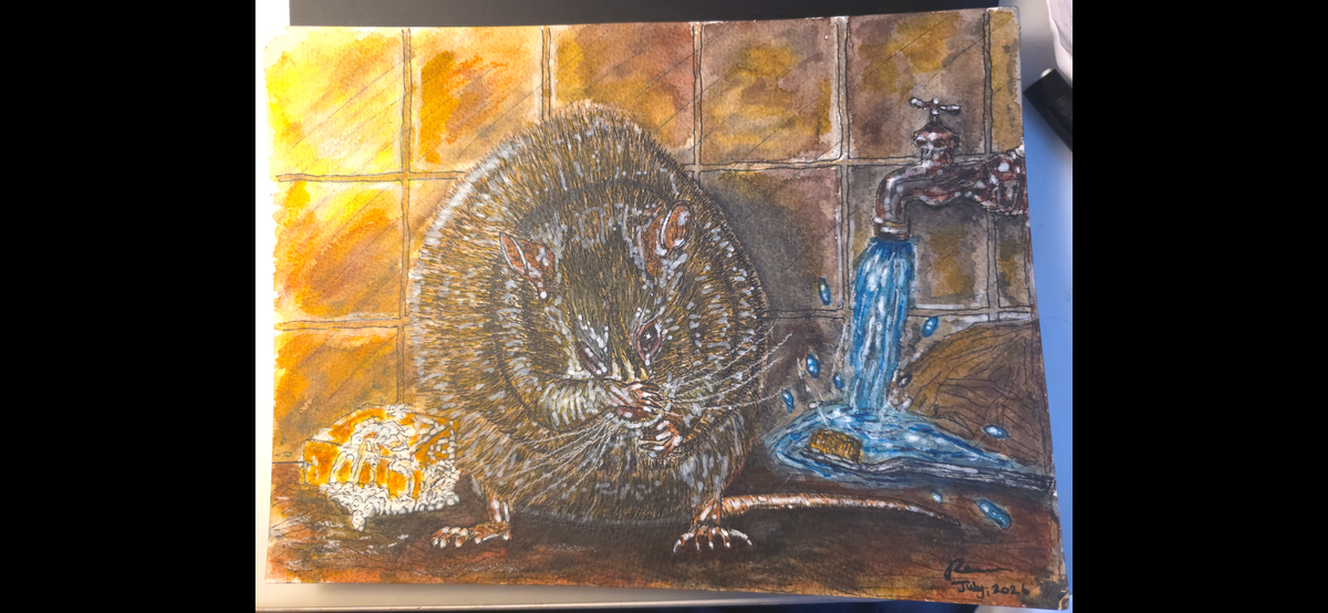 "A Rat Gromming Himself" - an original mixed-media painting