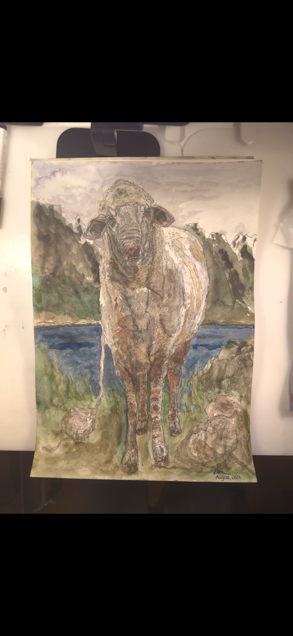 "A Sheep and the Sea" - an original mixed-media painting