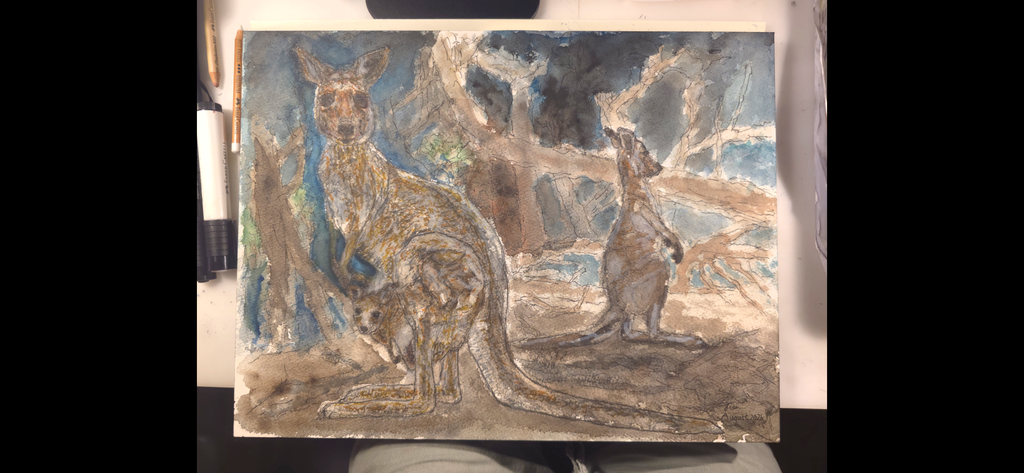 "A Kangaroo Family and the Wildfires" - an original mixed-media painting