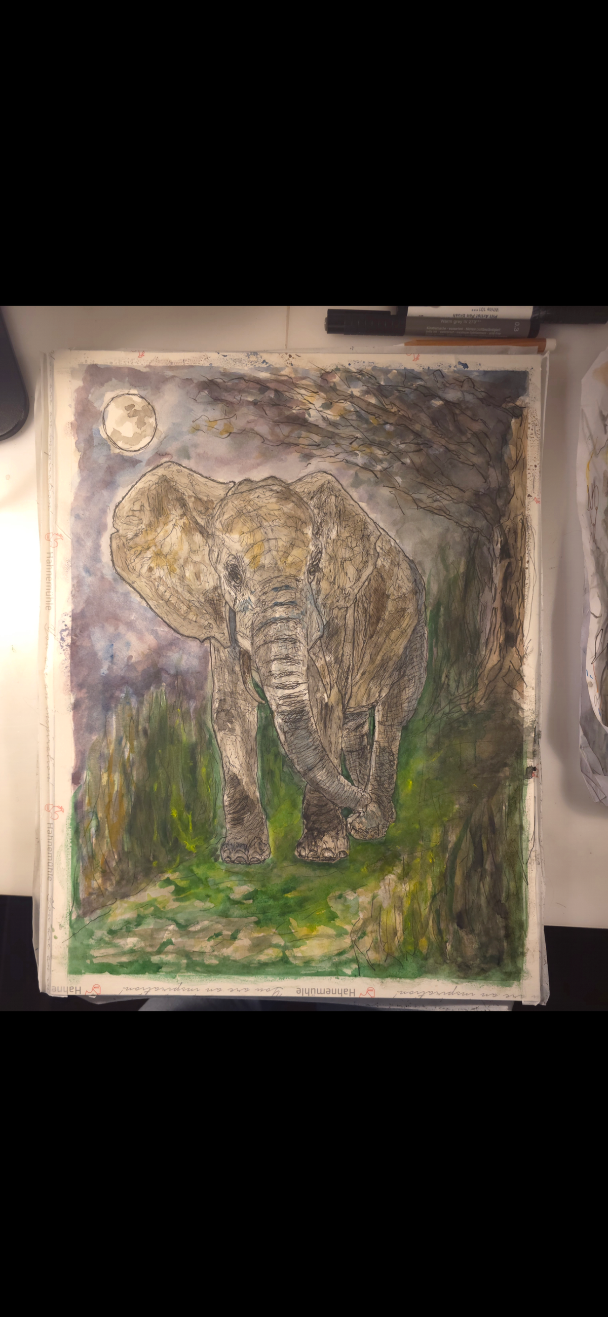 "An Elephant in the Moonlight" - an original mixed-media painting
