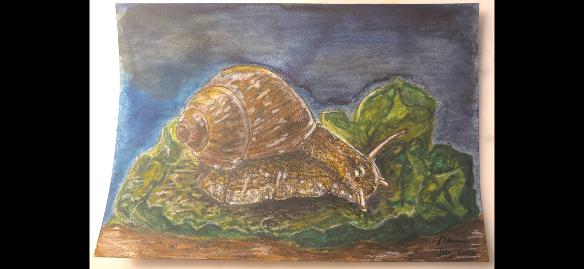 "A Snail on the Lettuce Leaf in the Night" - an original mixed-media painting