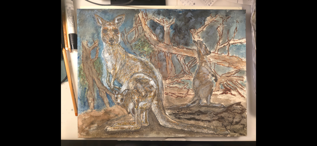 "A Kangaroo Family and the Wildfires" - an original mixed-media painting
