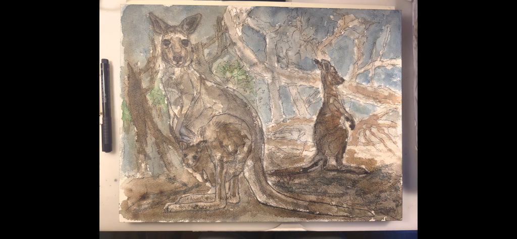 "A Kangaroo Family and the Wildfires" - an original mixed-media painting