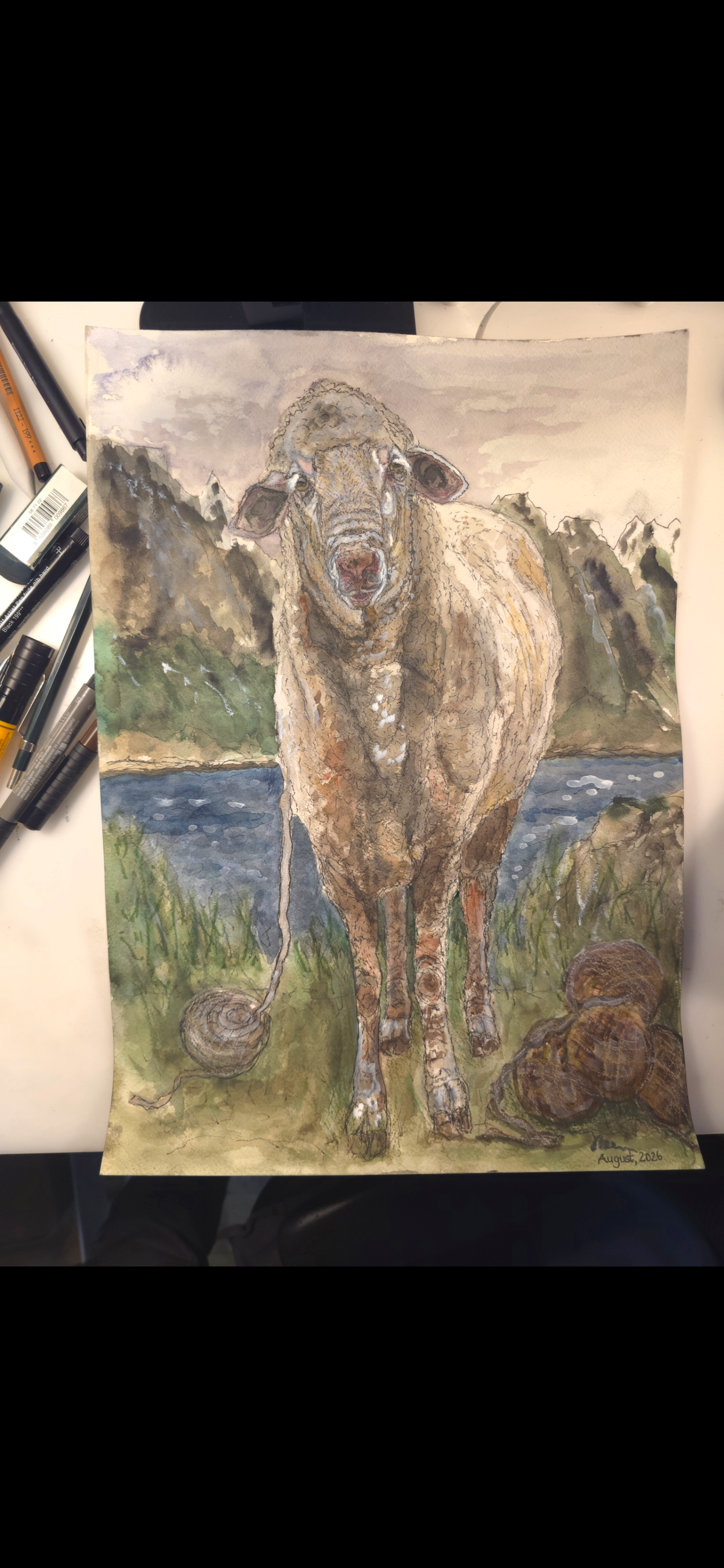 "A Sheep and the Sea" - an original mixed-media painting