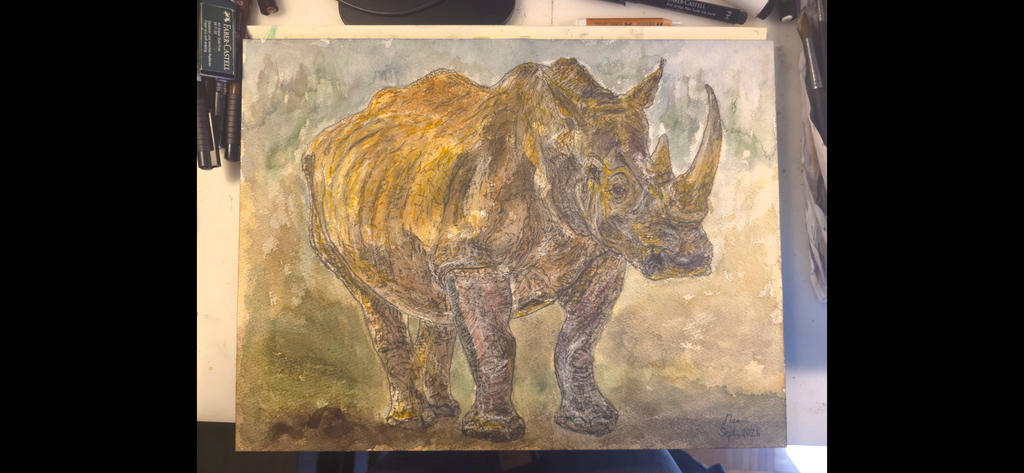 "A Rhino in a Savannah" - an original mixed-media painting