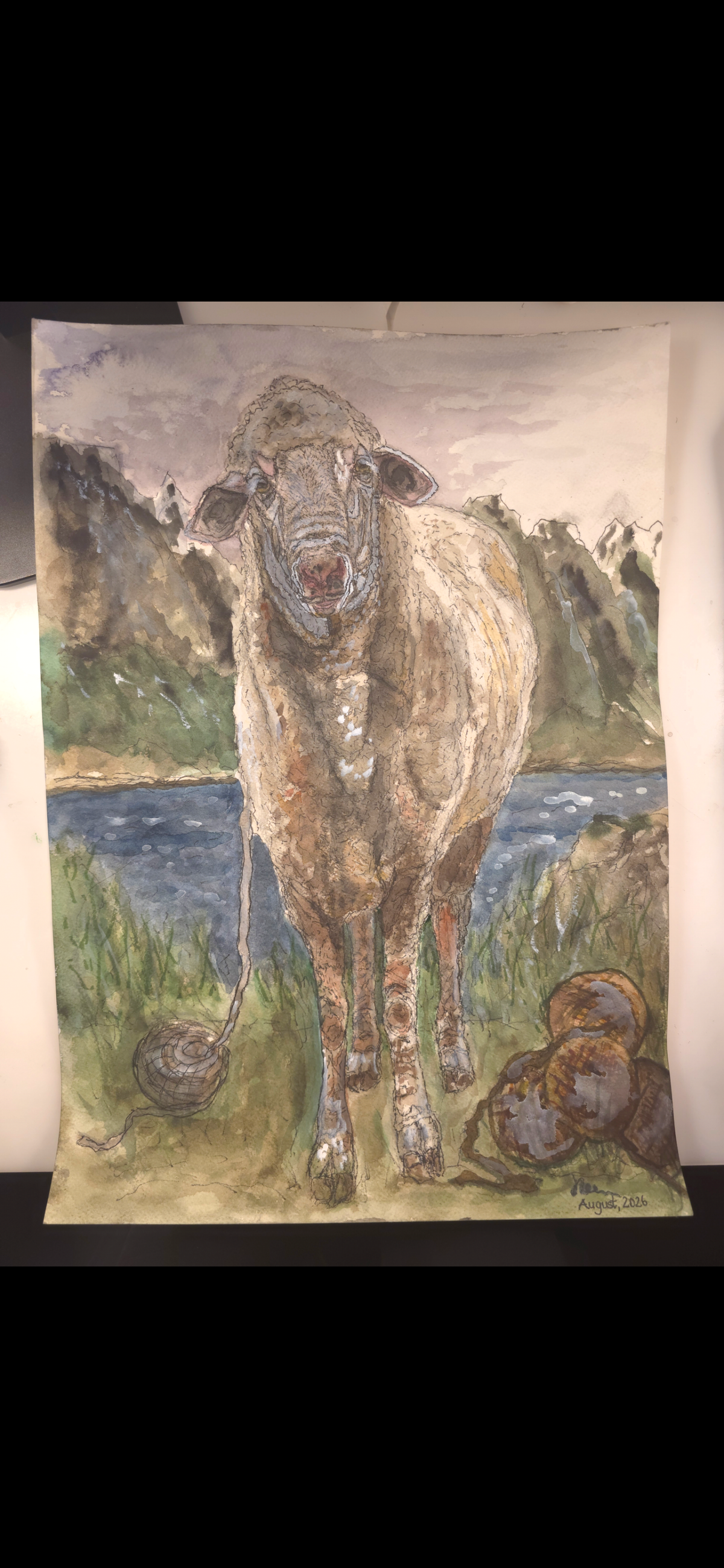 "A Sheep and the Sea" - an original mixed-media painting